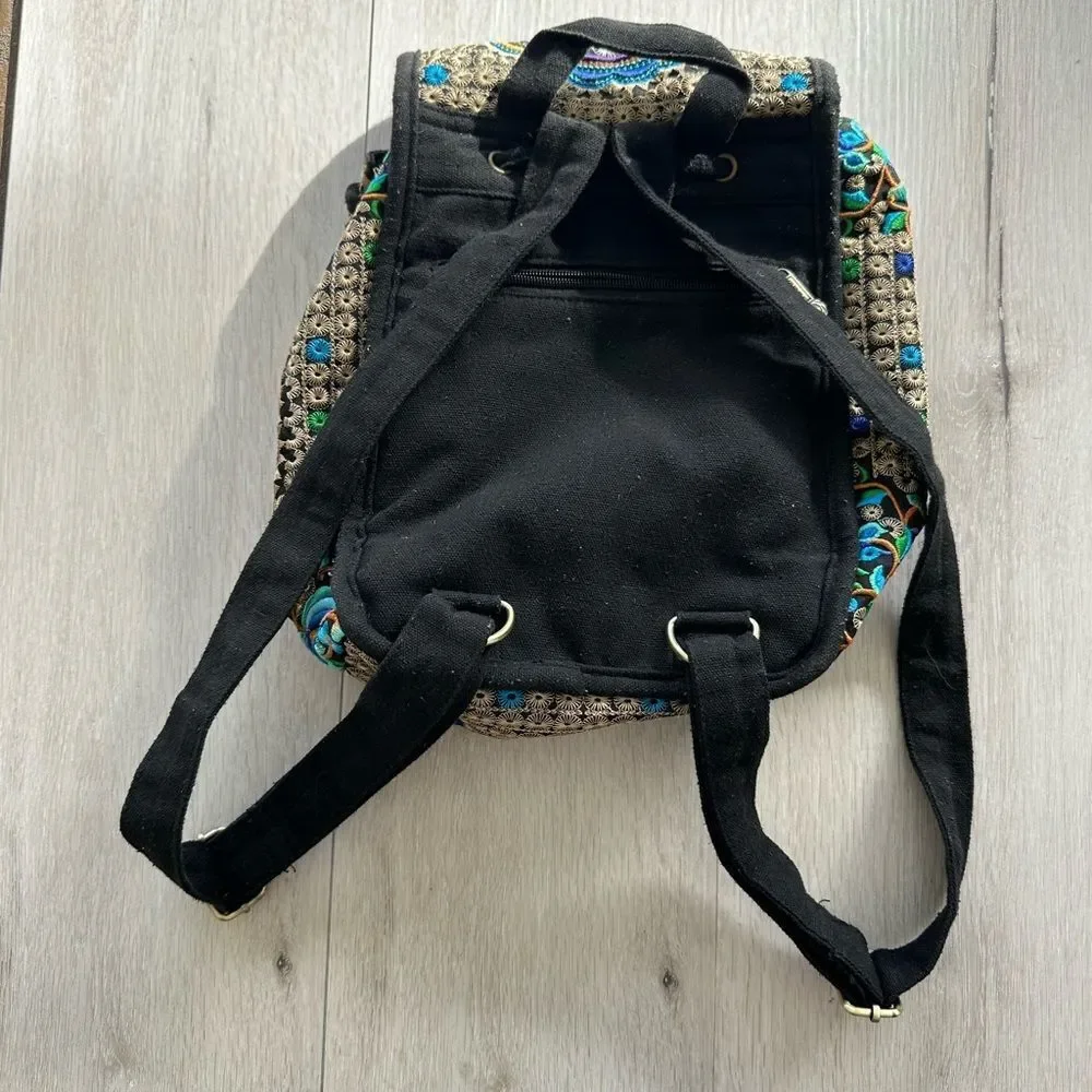 Goodhan Embroidered Bohemian Canvas Backpack Purse Blue/Purple Floral EUC